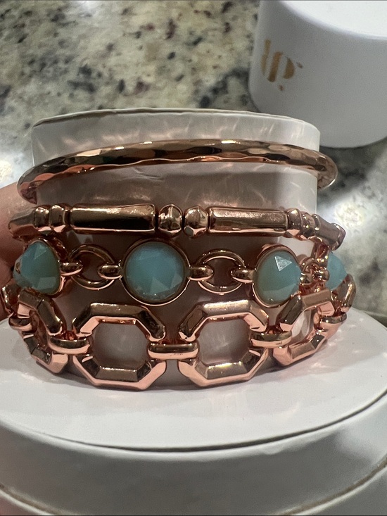 Bomb Party Jewelry - Rose Gold Stack Bracelet Set with Mint Green Stones